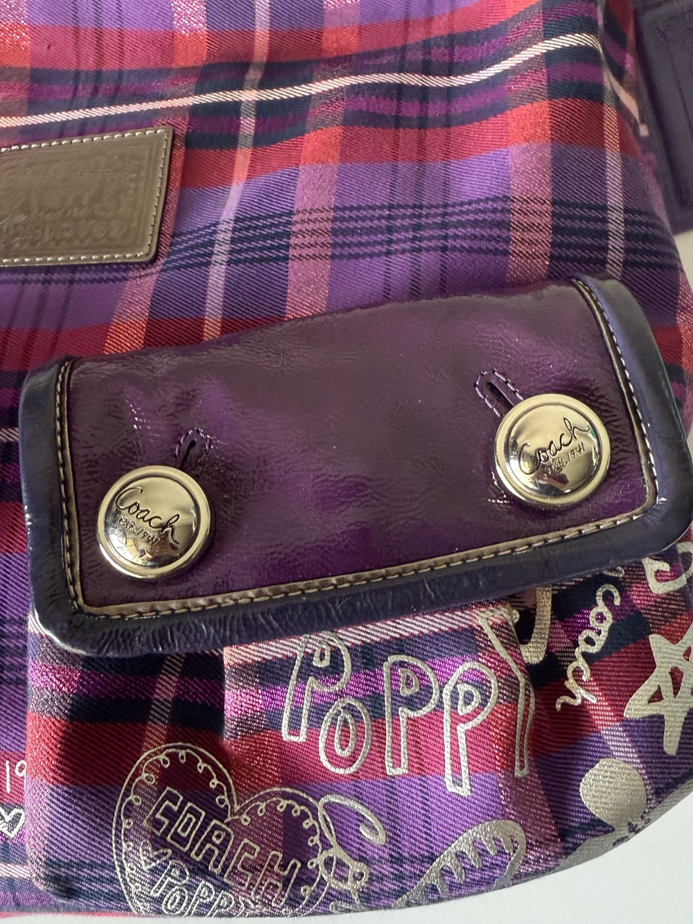 Coach Poppy Tartan Plaid Purple Shoulder Crossbody Bag #16120 w/ Charms Hangtags - Picture 4 of 9